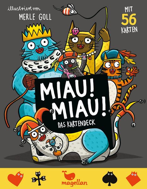 Text: "MIAU! MIAU! DAS KARTENDECK", "MIT 56 KARTEN", "illustriert von MERLE GOLL". Bunte, fröhliche Katzenillustration mit Spielkarten.
