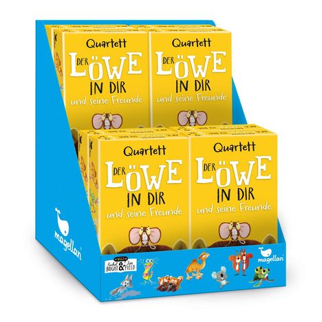 Text: "Quartett Der Löwe in dir und seine Freunde." Illustration: Gelbe Verpackung mit Tieren, präsentiert in einem blauen Display.