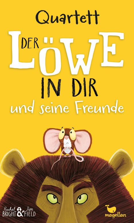 Text: "Quartett Der Löwe in dir und seine Freunde." Eine Maus sitzt sorgenvoll auf einem Löwenkopf.