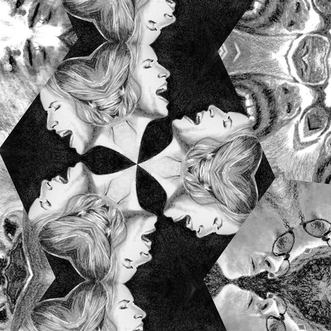 Illustration mit mehrfach wiederholten Gesichtern im Profil, die schreien, in schwarz-weißer, kaleidoskopischer Anordnung.