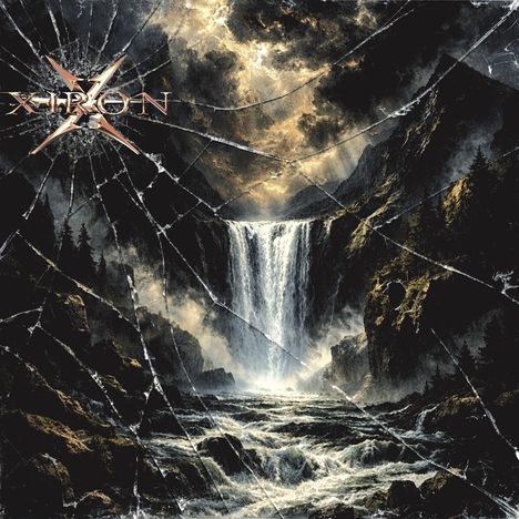 Text: "X-IRON." Eine dramatische, dunkle Landschaft mit Wasserfall, Bergen und stürmischem Himmel, zersplittert wie Glas.