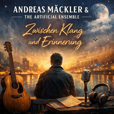 „ANDREAS MÄCKLER & THE ARTIFICIAL ENSEMBLE. Zwischen Klang und Erinnerung.“ Eine Illustration: Mann, Gitarre, Mikrofon, Kopfhörer.