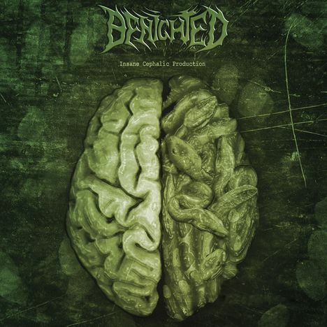 "Benighted", "Insane Cephalic Production". Illustration: Gehirn, eine Hälfte normal, andere aus Schlangen.
