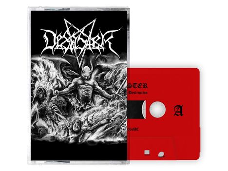Text: "DESASTER", "DEMONIC DESTRUCTION", "A".  
Illustration: Dämonische Figur mit Flügeln, umgeben von Schädeln und Kreaturen. Die Kassette ist rot.