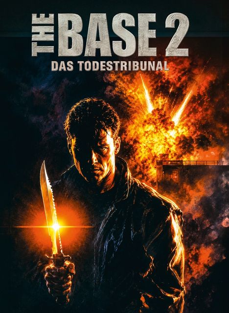 „THE BASE 2, DAS TODESTRIBUNAL“ in großen Buchstaben. Eine Figur mit Messer vor einer Explosion.