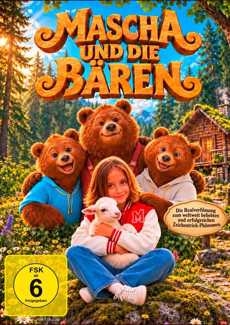 "Mascha und die Bären", "FSK ab 6 freigegeben". Ein Mädchen sitzt mit einem Lamm, umgeben von drei freundlichen Bären.