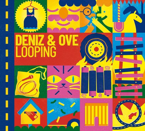 "DENIZ & OVE LOOPING" in großen gelben Buchstaben. Bunte, verspielte Illustration mit diversen Formen und Symbolen.