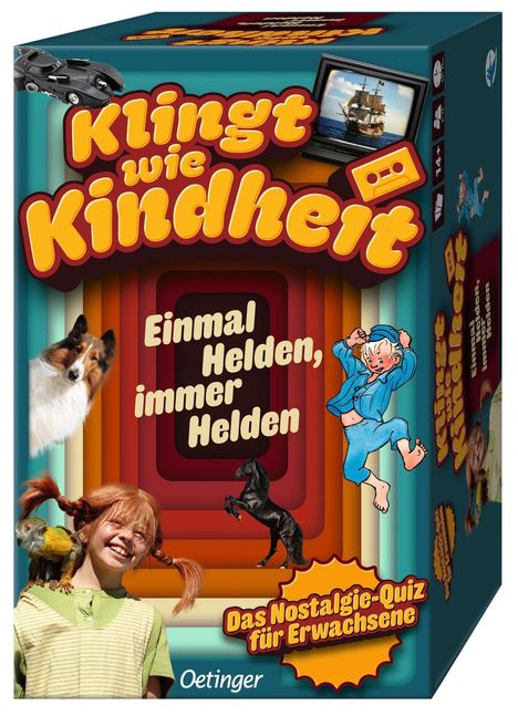 „Klingt wie Kindheit. Einmal Helden, immer Helden. Das Nostalgie-Quiz für Erwachsene.“ Kindheitserinnerungen auf Box.