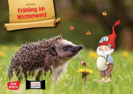 „Frühling im Wichtelwald“ steht auf einer Schriftrolle. Ein Igel trifft einen gezeichneten Wichtel, umgeben von Schmetterlingen.