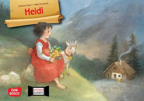 "Johanna Spyri • Maja Dusíková - Heidi." Gemälde: Mädchen in rotem Kleid mit Blumen, sitzt neben Ziege. Hügel, Hütte, Wald im Hintergrund.