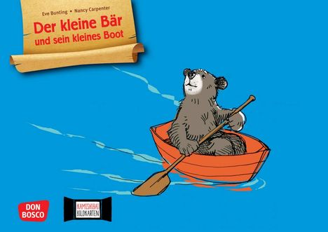 „Der kleine Bär und sein kleines Boot“ steht auf einem Banner. Ein Bär rudert in einem kleinen Boot auf blauem Wasser.
