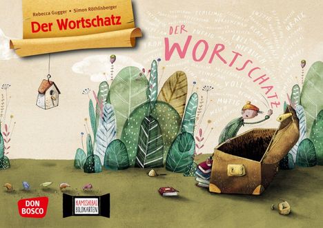 "Der Wortschatz" in roter Schrift auf einem gelben Banner. Illustration: Kind öffnet Schatztruhe, umgeben von Pflanzen.