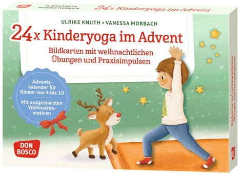 "24 x Kinderyoga im Advent" steht oben. Ein Kind macht Yoga neben einem lächelnden Rentier. Schnee und Sterne im Hintergrund.