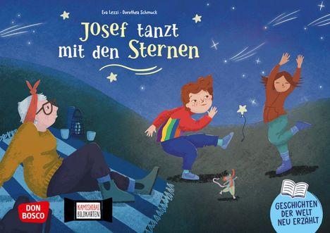 „Josef tanzt mit den Sternen“ – Zwei Kinder tanzen nachts draußen, ein älterer Mensch schaut zu. Sternenhimmel mit Kometen.
