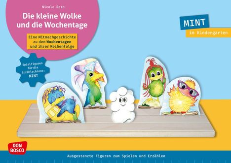 "Die kleine Wolke und die Wochentage." Bunte Tierfiguren auf einer Stange, leuchtende Farben und verspielte Designs.