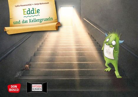 Text: "Eddie und das Kellergruseln". Illustration: Ein grünes Monster mit einem Zettel steht ängstlich vor einer hell erleuchteten Treppe.