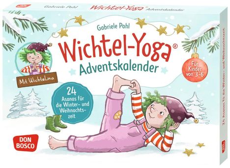 „Wichtel-Yoga Adventskalender“, 24 Asanas für Winterzeit, Illustration eines Wichtels in violettem Overall. Für Kinder 3-6.