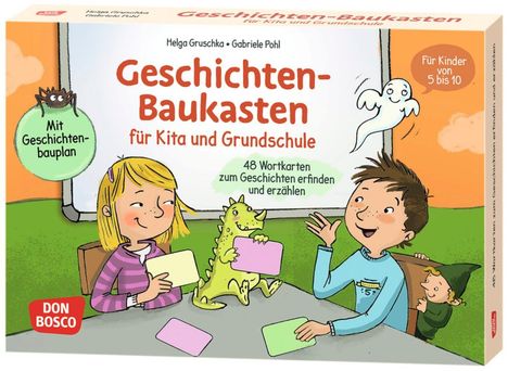 "Geschichten-Baukasten für Kita und Grundschule" mit Illustrationen von Kindern, einem Geist und einem kleinen Drachen.