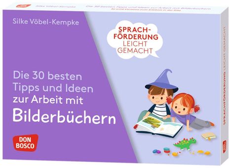 „Die 30 besten Tipps und Ideen zur Arbeit mit Bilderbüchern.“ Zwei Kinder lesen ein Buch. Logo: Don Bosco.