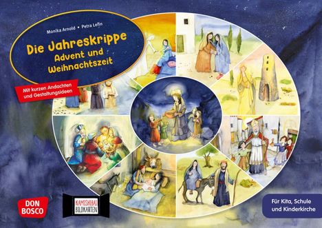"Die Jahreskrippe: Advent und Weihnachtszeit" ist der Titel, umrahmt von Illustrationen der Weihnachtsgeschichte.