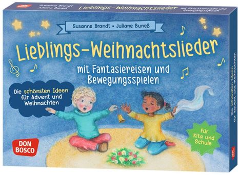 "Lieb­lings-Weih­nachts­lieder", fantasievolle Abenteuer, Bewegungsspiele. Zwei Kinder singen, eines mit Glöckchen. 