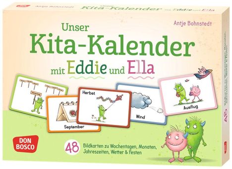Eine Verpackung mit dem Titel "Unser Kita-Kalender mit Eddie und Ella". Illustrationen von Monstern und Wetterkarten.