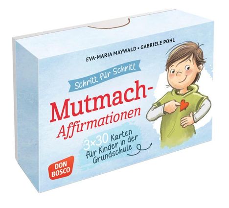 Schritt für Schritt Mutmach-Affirmationen, 3x30 Karten für Kinder in der Grundschule. Illustration: Kind zeigt auf ein Herz.