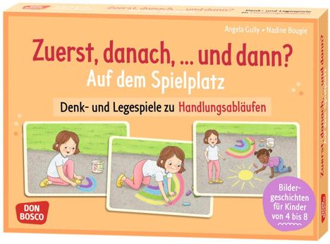 „Zuerst, danach, ... und dann? Auf dem Spielplatz“. Denk- und Legespiele für Kinder von 4 bis 8. Illustration mit Kindern und Kreide.