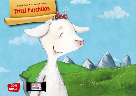 "Katja Reider, Thorsten Saleina, Fritzi Furchtlos." Illustration: Lächelnde Ziege mit roter Schleife vor Berglandschaft.