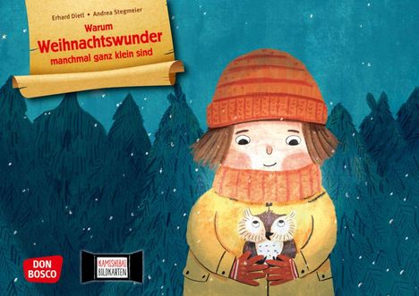 Warum Weihnachtswunder manchmal ganz klein sind. Ein Kind in Winterkleidung hält eine Eule, umgeben von Schneeflocken.