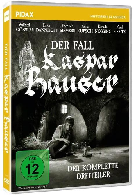 "Der Fall Kaspar Hauser: Der komplette Dreiteiler", FSK 12, Illustration mit Mann in dunkler Höhle, stilisierte Schrift.