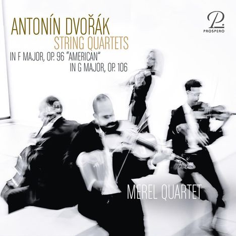 "Antonín Dvořák String Quartets" und "Merel Quartet", Musiker verschwommen, klassischer Stil, schwarzer Anzug.