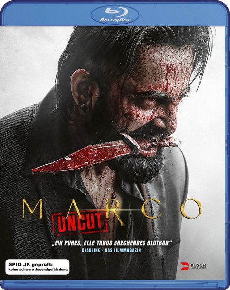 „UNCUT“, „Marco“, blutverschmierter Mann mit Messer im Mund, Blu-ray Design.