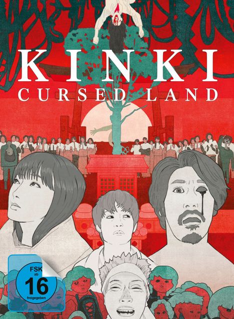 „KINKI CURSED LAND“; Illustration in Rot, Charaktere blicken auf, bedrohliche Atmosphäre, FSK 16 Symbol.