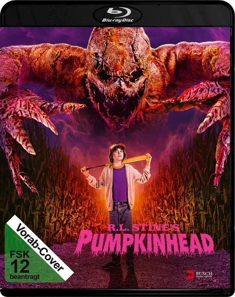 „R.L. Stine's Pumpkinhead“ in pinker Schrift. Kind mit Baseballschläger, Monster im Hintergrund, FSK 12 beantragt.