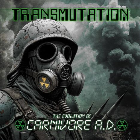"TRANSMUTATION", "THE EVOLUTION OF CARNIVORE A.D."; Illustration eines Soldaten in Gasmaske vor Rauchwolken.