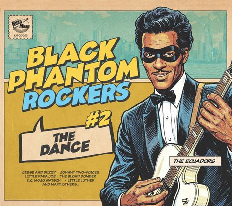"Black Phantom Rockers #2 The Dance". Mann mit Maske spielt Gitarre, Comic-Stil, Retro-Design.