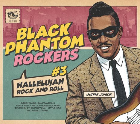 "BLACK PHANTOM ROCKERS" steht in großer, gelber Schrift über einem stilisierten Musiker mit Gitarre und Augenmaske.