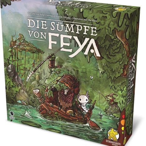 „Die Sümpfe von Feya“. Ein Krokodilartiger und ein kleines Wesen fahren in einem Boot durch einen grünen Sumpf.