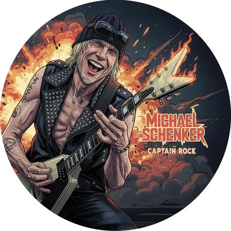 Text: "MICHAEL SCHENKER CAPTAIN ROCK". Illustration eines Rockmusikers mit Gitarre vor explosivem Hintergrund.