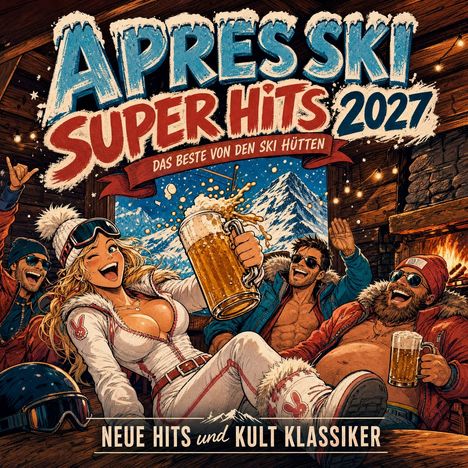 „APRES SKI SUPER HITS 2027“, „DAS BESTE VON DEN SKI HÜTTEN“, „NEUE HITS und KULT KLASSIKER“. Illustration: Feiernde Menschen in Ski-Kleidung mit Bierkrügen in einer Berghütte.