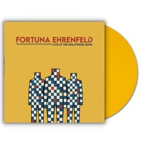 Text: "FORTUNA EHRENFELD LIVE AT THE HOLLYWOOD BOWL." Illustration von drei Figuren im Schachbrettmuster. Hintergrund gelb.