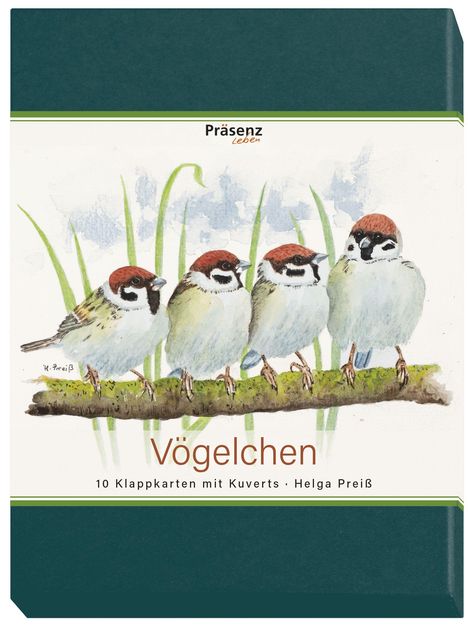 "Präsenz Leben, Vögelchen. 10 Klappkarten mit Kuverts, Helga Preiß." Illustration von vier Spatzen auf einem Zweig.