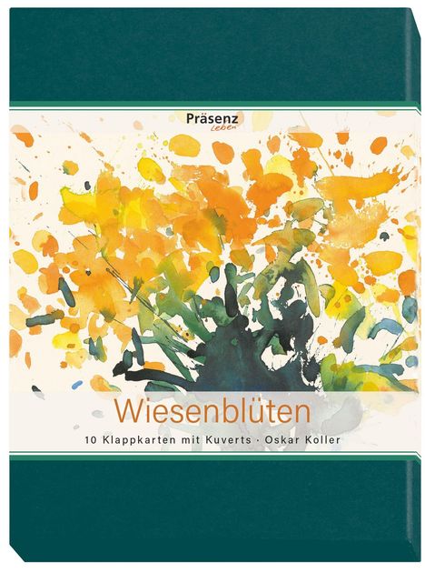 "Wiesenblüten", 10 Klappkarten, Oskar Koller. Aquarell mit gelben und grünen Blüten auf weißem Hintergrund.