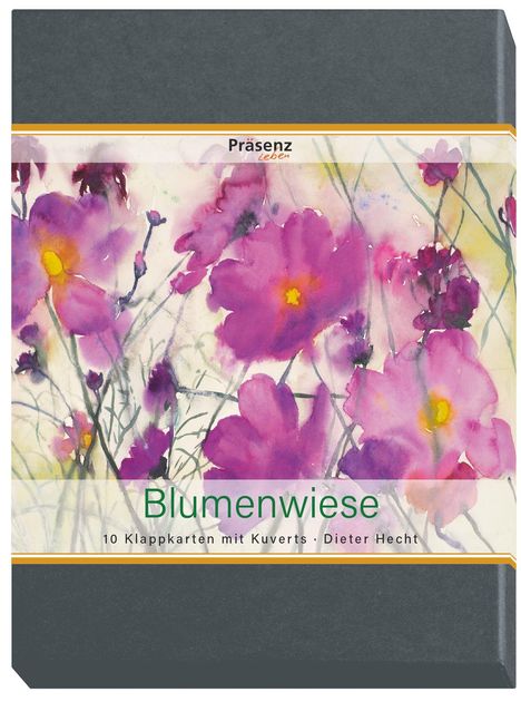 "Präsenz Leben", "Blumenwiese", "10 Klappkarten mit Kuverts · Dieter Hecht". Aquarell von rosa und violetten Blumen.