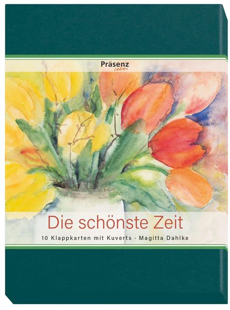 "Präsenz Leben" oben, "Die schönste Zeit" unten. Aquarell von bunten Tulpen in einer Vase.