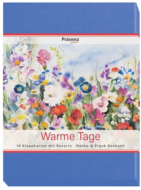 "Warme Tage", 10 Klappkarten mit Kuverts. Illustration: Bunte Blumenwiese vor blauem Himmel.