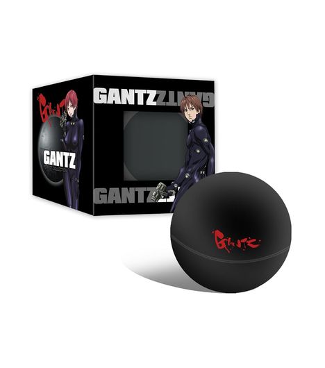 Texte: "GANTZ", "PERFECT COLLECTION". Illustrationen von zwei Figuren in futuristischen Anzügen und eine schwarze Kugel.