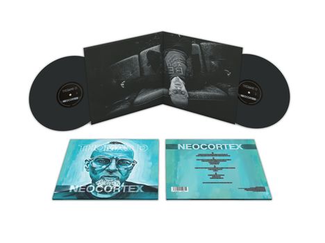 "Thomas D Neocortex" auf buntem Cover und Vinyl. Porträt eines Mannes mit Brille, Schwarz-Weiß-Foto auf Innenhülle.