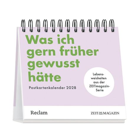 „Was ich gern früher gewusst hätte“ steht in großen, grünen Buchstaben auf einem lilafarbenen Postkartenkalender.